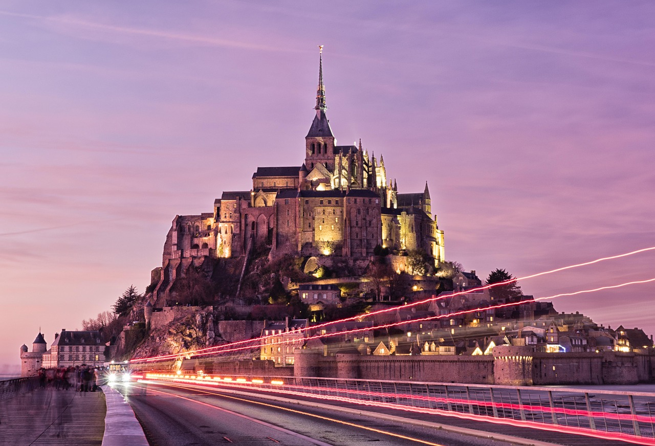 Mont saint michel, normandy, france, sunset, architecture, abbey, chateau, town, historical, nature, saint michel, bay, rock