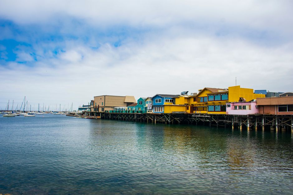 Vibrant buildings along the waterfront at Old Fisherman's Wharf, Monterey, California.