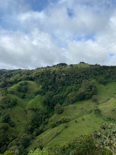 Discover the breathtaking greenery of Monteverde's hills under a cloud-dappled sky, showcasing Costa Rica's natural beauty.