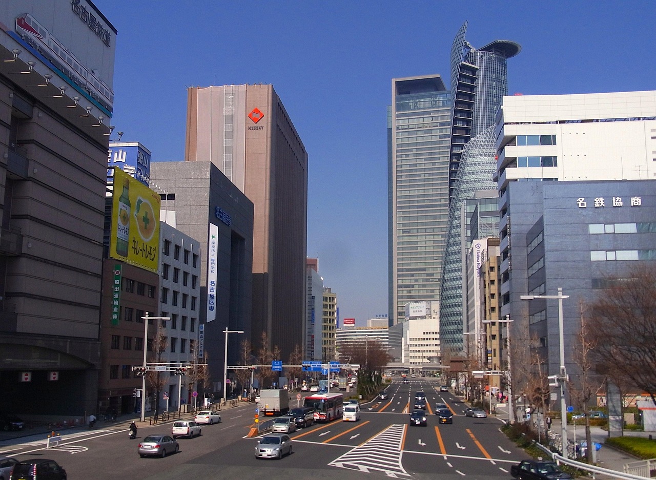 Nagoya city, japan, skyscrapers, skyline, buildings, architecture, urban, cities, vehicles, traffic, streets, summer, spring, nature, outside, people