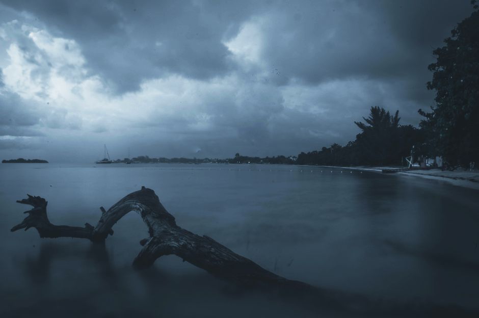 A tranquil beach scene at twilight in Negril, Jamaica, featuring driftwood and a dramatic sky.