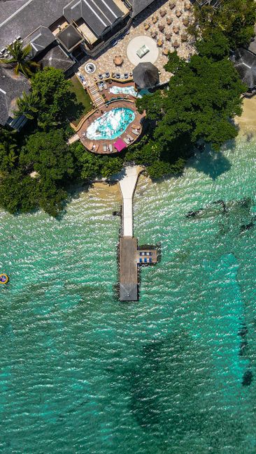 Stunning aerial view of a tropical beach resort in Ocho Rios, Jamaica.