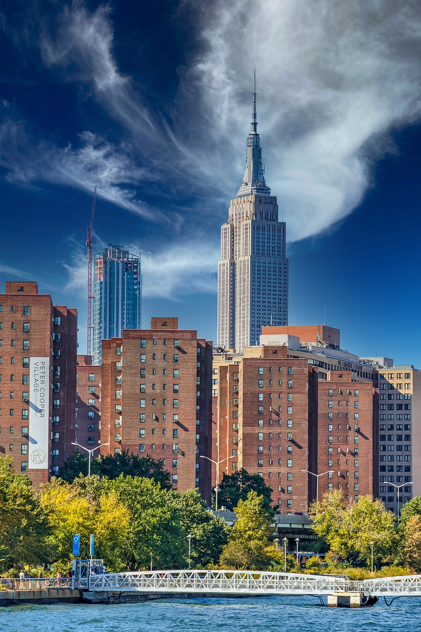 City, buildings, bridge, river, cityscape, skyline, skyscrapers, high-rise, high-rise buildings, infrastructure, landmark, travel destination, modern, metro, metropolis, urban, downtown, empire state