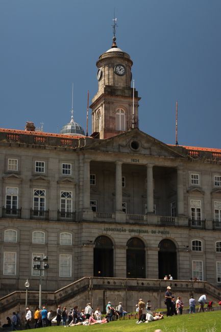 Exterior view of the historic clock tower of Bolsa Palace, Porto, Portugal.