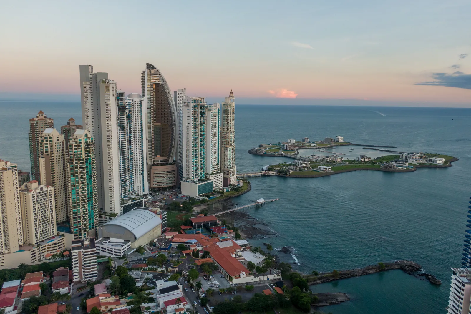 Aerial view of the towers and waterfront of Panama City, Panama