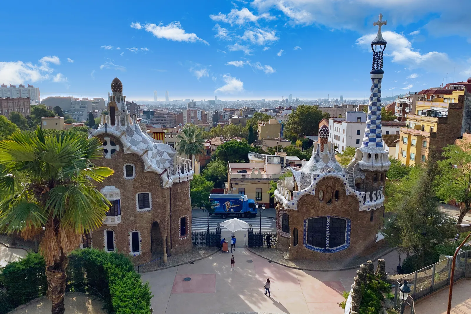 Panoramic view of the Park Güell entrance pavilions in Barcelona, Spain