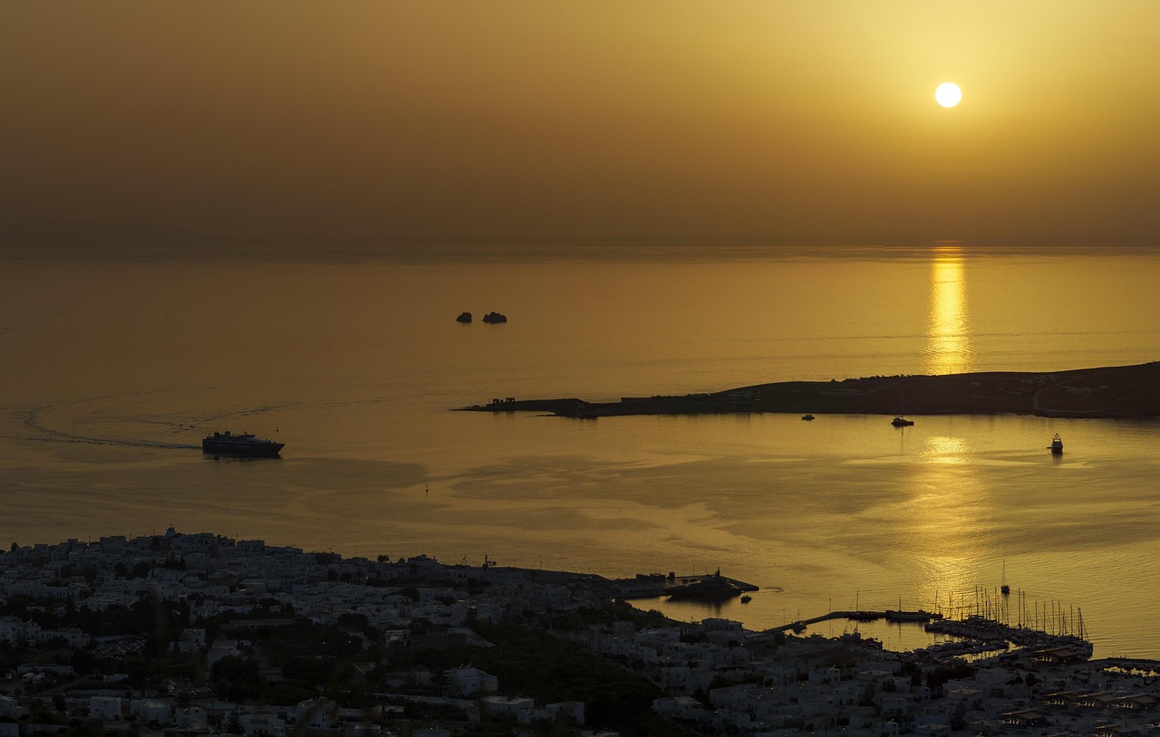 Sunset, island, greek, sea, ocean, water, beach, sky, summer, nature, travel, landscape, coast, paradise, vacation, holiday, evening, dusk, seascape, outdoor, resort, tourism, greece, paros, cyclades