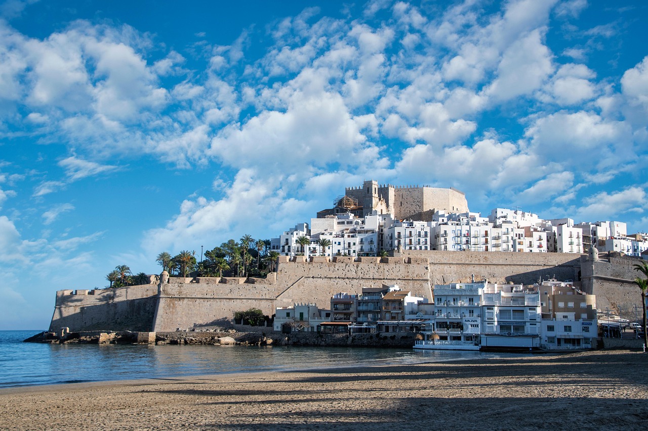 Beach, nature, castle, sea, wall, clouds, people, peniscola, castellon, spain