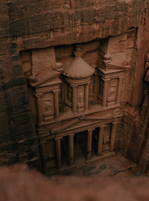 View of the iconic Petra Treasury carved into rock in Wadi Musa, Jordan.