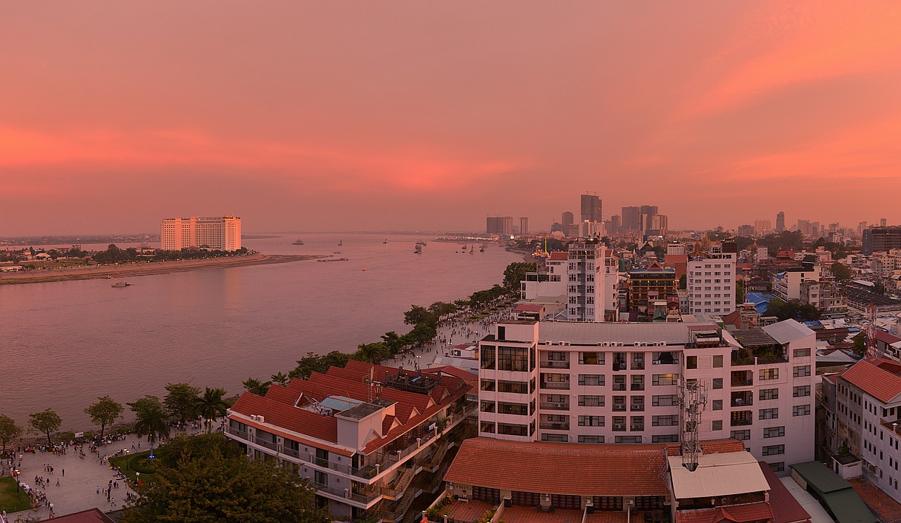 Phnom penh, cambodia, panorama, sunset, riverside, river, aerial, asia, evening, light, landscape, view, downtown, skyscraper, night, skyline, sky, urban, building, cityscape, architecture, night sky,