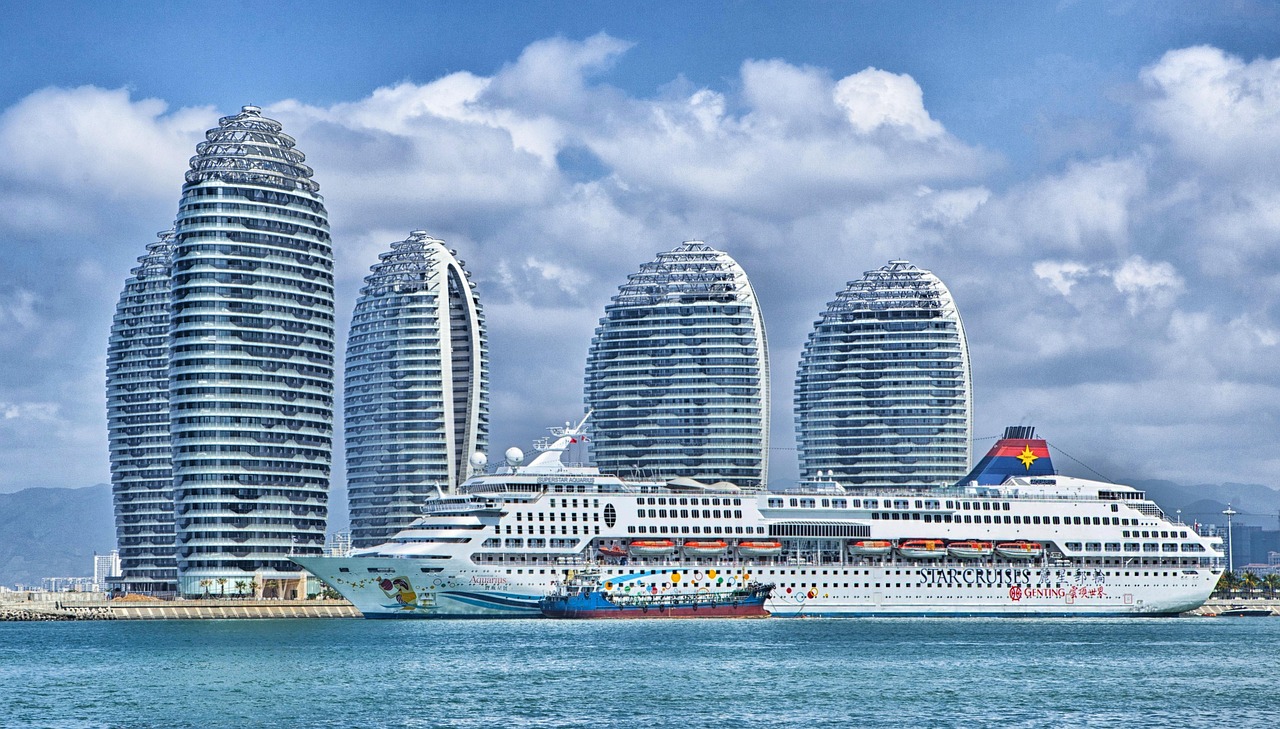 Ship, city, harbor, port, bay, water, skyscrapers, hotels, modern buildings, buildings, island, phoenix island, urban, skyline, ocean liner, passenger ship, cruise ship, superstar aquarius, sanya bay,