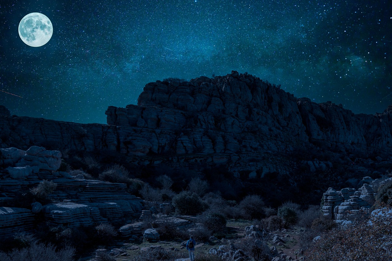 Moon, stars, constellation, galaxy, person, cliff, rocks, mountain, horizon, el torcal, málaga, andalucia, nature, malaga, spain