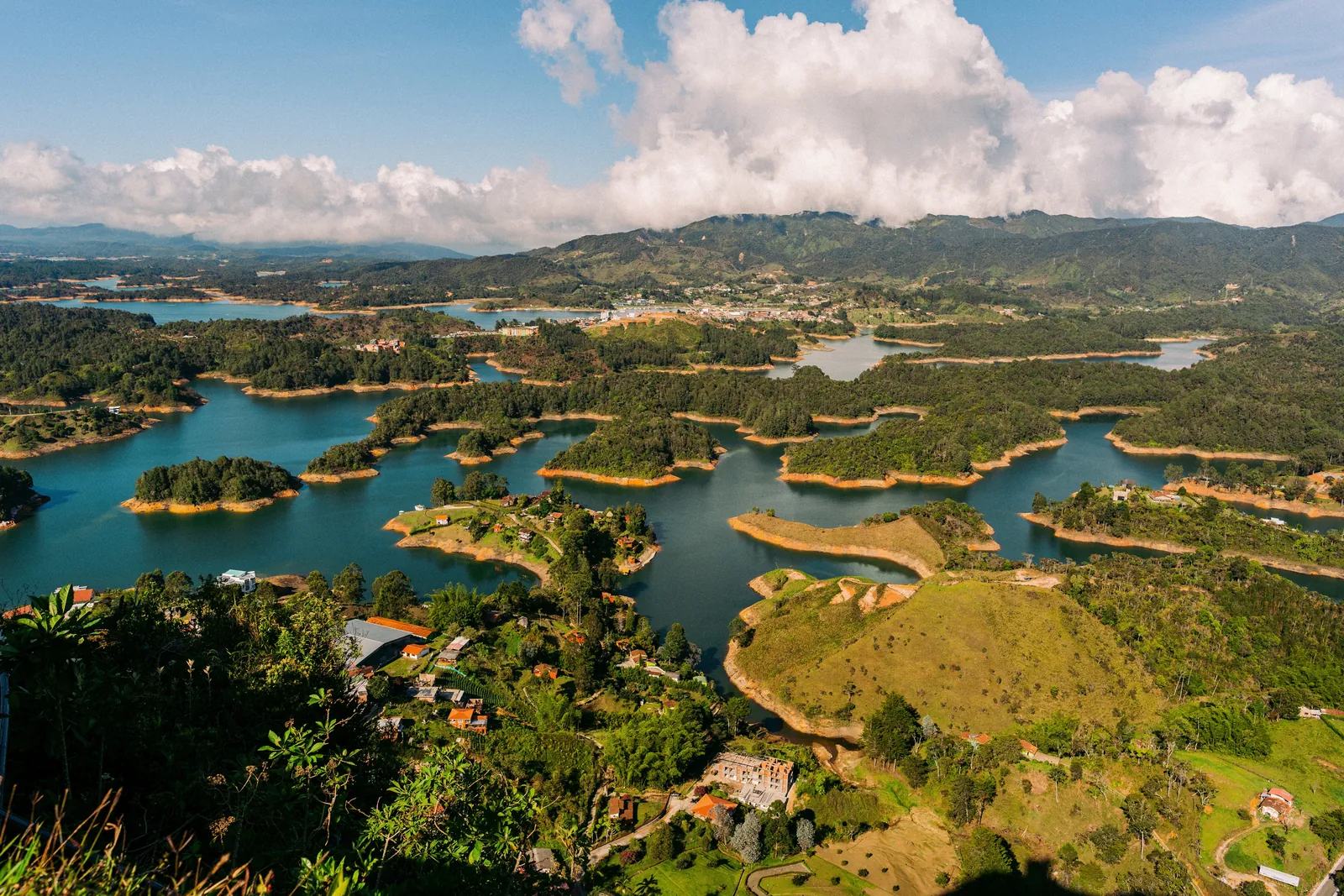 Aerial view of the Piedra del Peñol rising above the lakes of Guatapé, Antioquia, Colombia