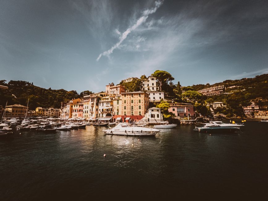 Picturesque view of Portofino harbor with anchored yachts and colorful hillside buildings.