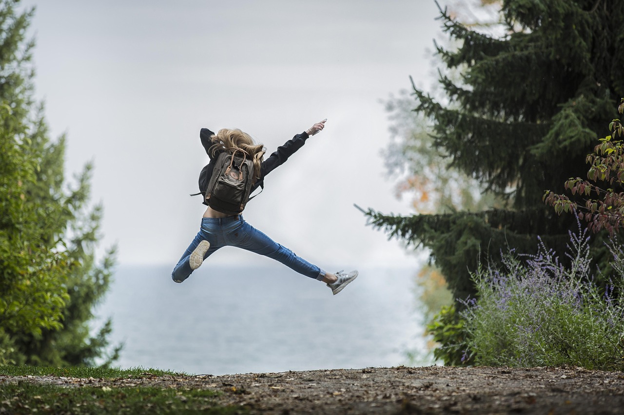 Woman, jump, backpack, jumping, leap, adventure, blonde hair, exploring, girl, pathway, happy, happiness, joy, jump, adventure, happy, happy, happy, happy, happy, happiness, joy