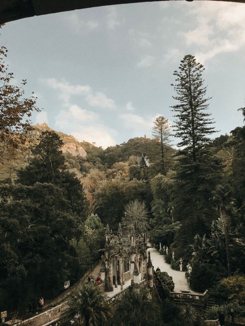 Scenic view of a lush forest and historic architecture under a clear sky.