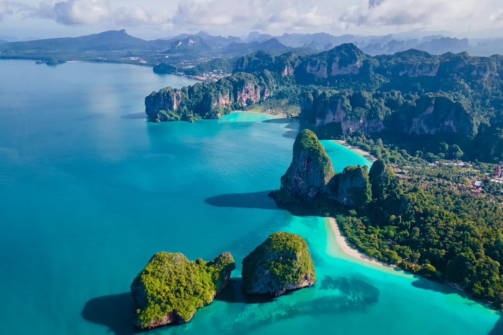Aerial view of Railay Beach and its limestone cliffs, Krabi, Thailand