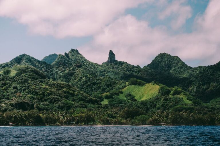 Scenic view of lush mountain range and ocean, perfect for travel and nature themes.