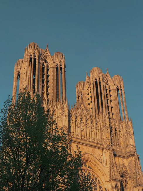 Low angle view of Reims Cathedral's gothic facade against a clear blue sky in France.
