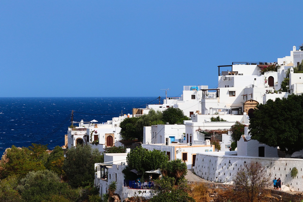 Lindos, village, coast, nature, rhodes, greece, sea, bay, houses, buildings, city, mediterranean, horizon, sky, tourism, summer