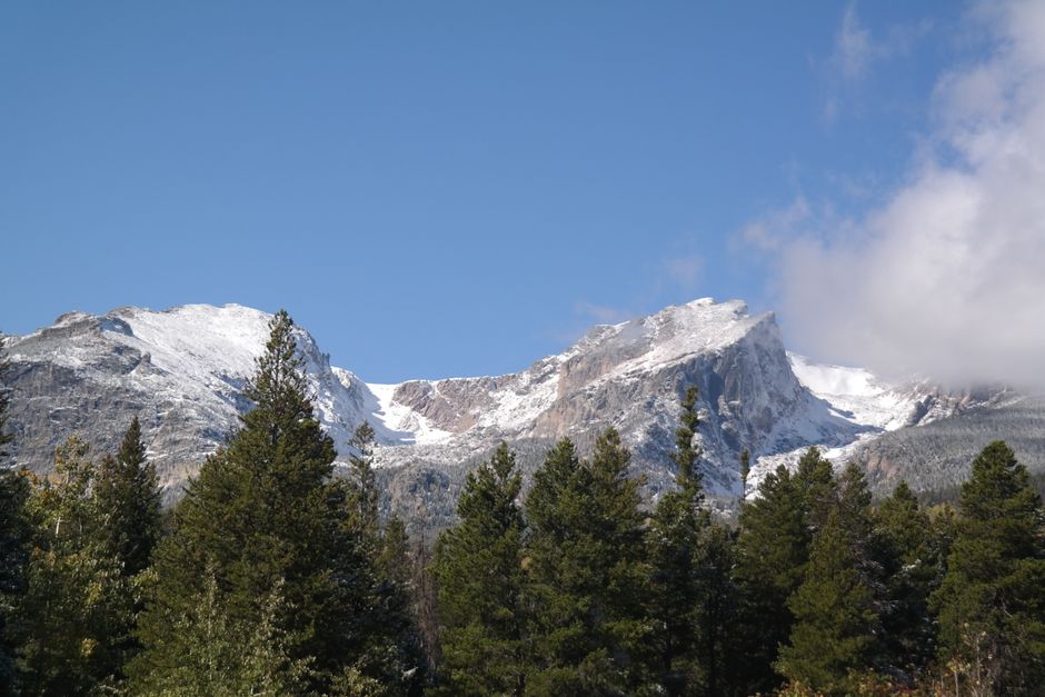 Majestic snow-capped mountains and evergreen trees in Estes Park, Colorado.
