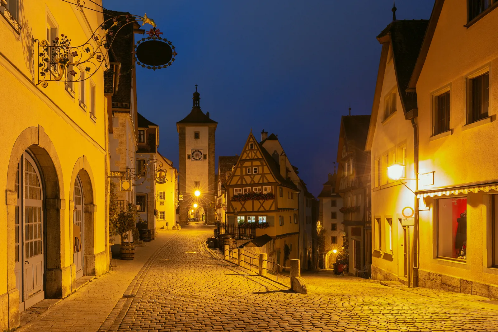 Medieval street of Rothenburg ob der Tauber at blue hour
