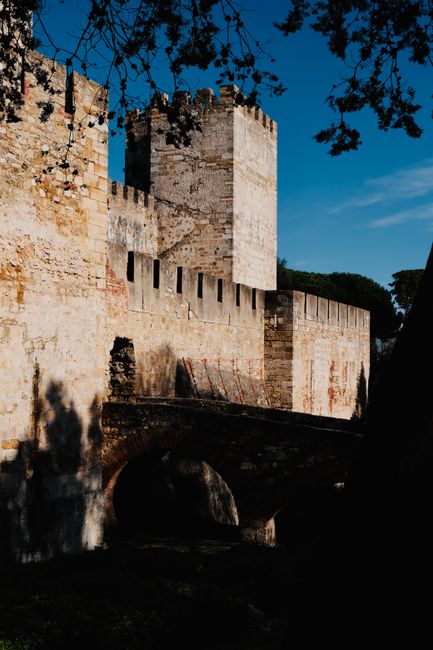 View of the historic St George's Castle in Lisbon under clear blue skies.
