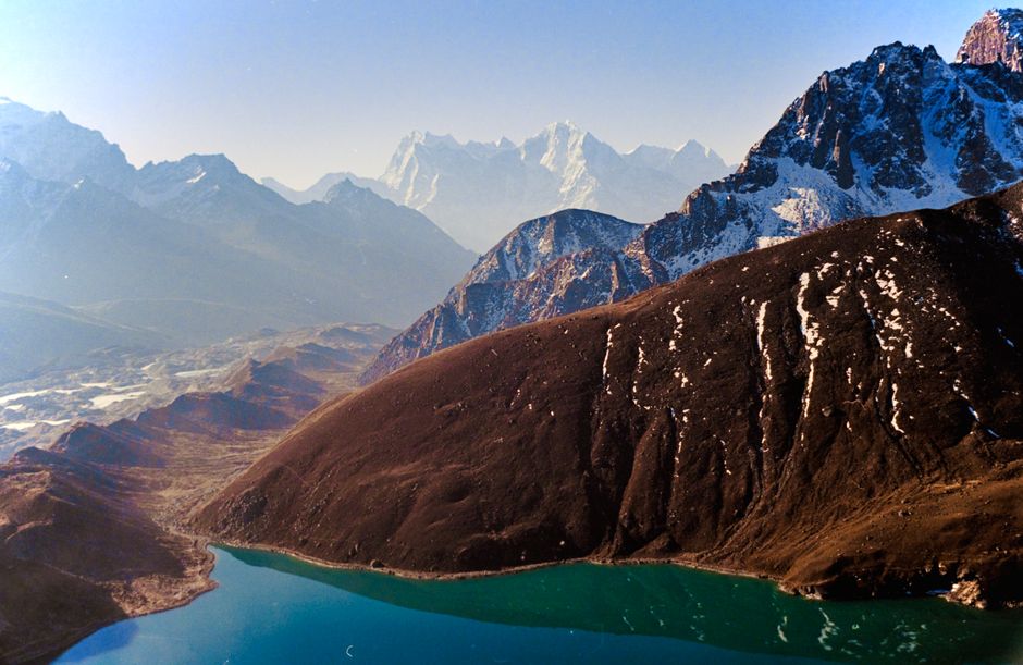 Breathtaking aerial view of Gokyo Lakes with the Himalayas in Nepal, showcasing nature's beauty.