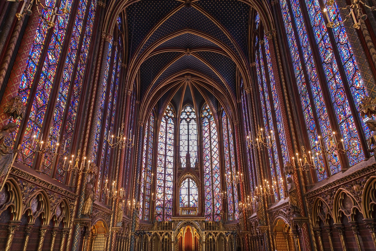Church, interiors, arches, windows, stained glass windows, chandeliers, church interior, cathedral, catholic, religion, sainte-chapelle, stained glass, paris, architecture, france, historical architec