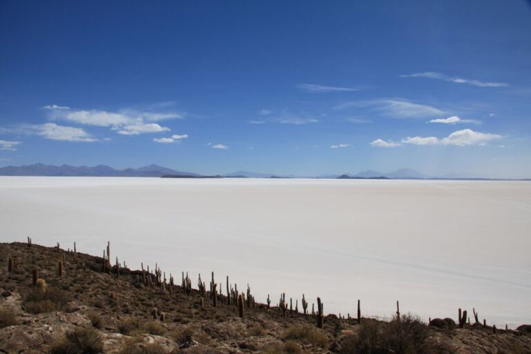 Breathtaking landscape of Salar de Uyuni with clear skies and distant mountains.