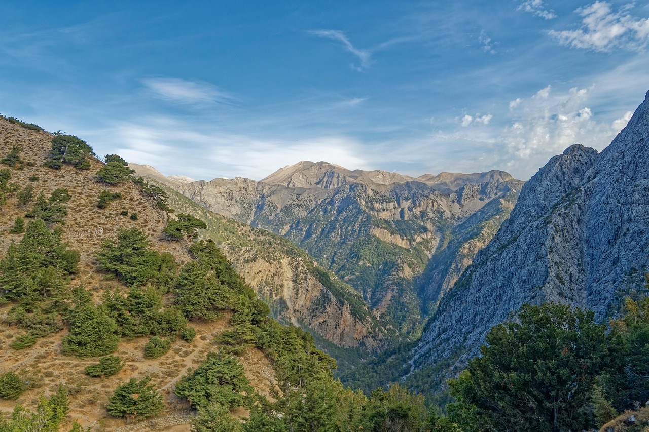 Greece, crete, region of chania, samaria gorge, samaria, canyon, mountains, hill, trees, green, heaven, clouds, blue, landscape, to travel, tourism, panorama, nature, outlook