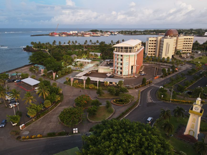 Stunning aerial view of Apia, Samoa featuring coastal cityscape and landmarks.