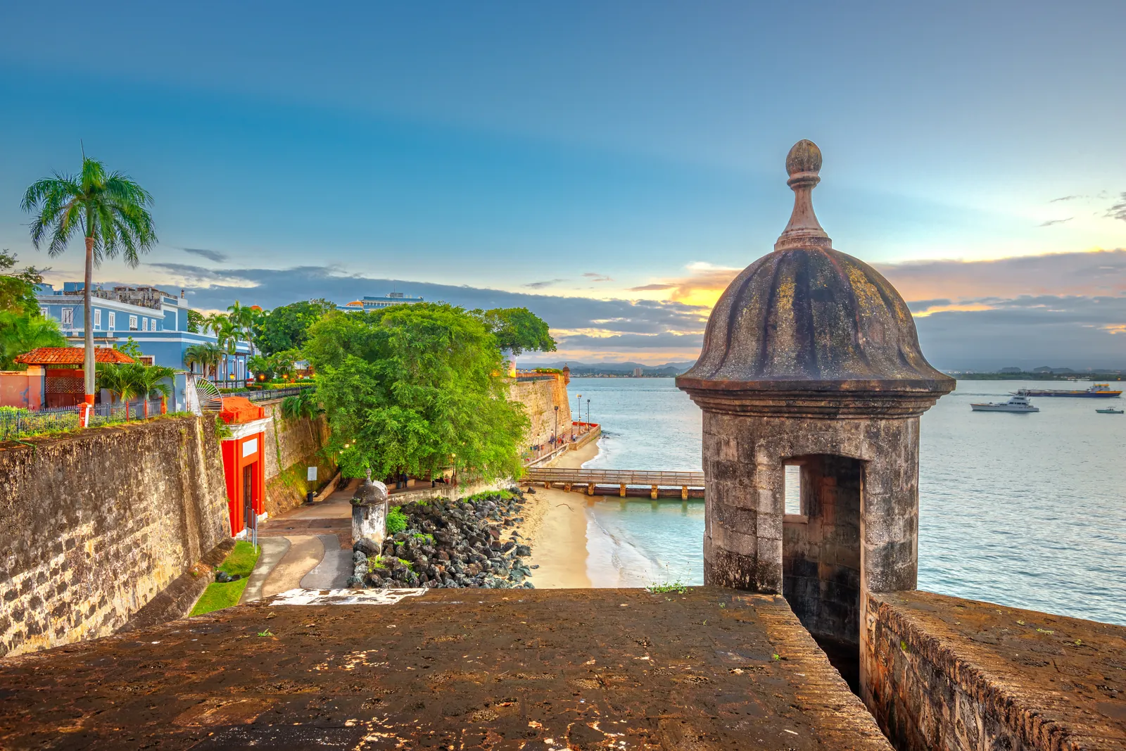 A garita sentry box on the old city walls above the coast of San Juan, Puerto Rico