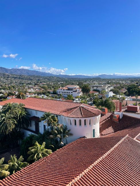 A stunning aerial view showcasing the iconic red tiled roofs of Santa Barbara, California.