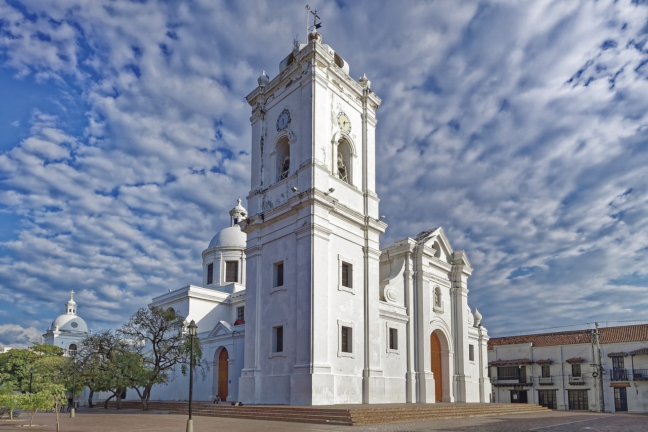 Colombia, santa marta, cathedral of santa marta, nature, church, travel, building, city square, architecture, colonial style, historical, religion, heaven, clouds
