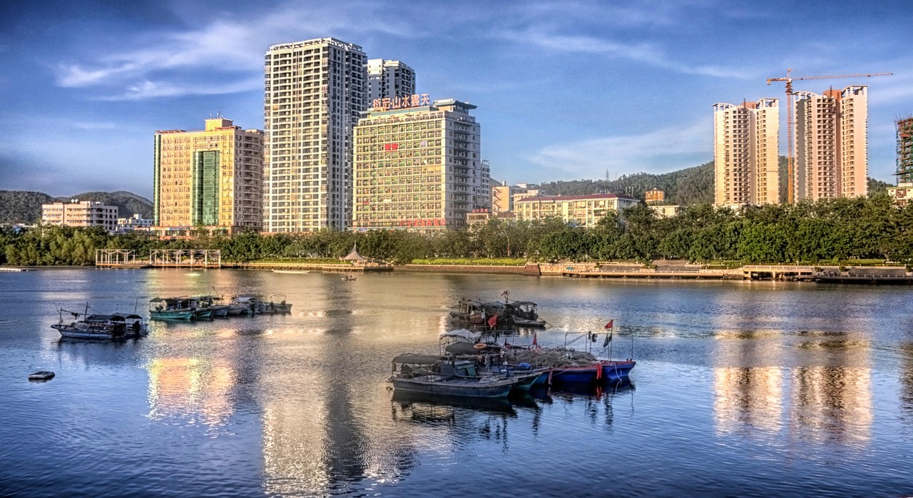 Hainan, china, city, buildings, architecture, nature, river, boats, reflections, sky, clouds, outside, shoreline, skyline, China, Hainan, Sanya