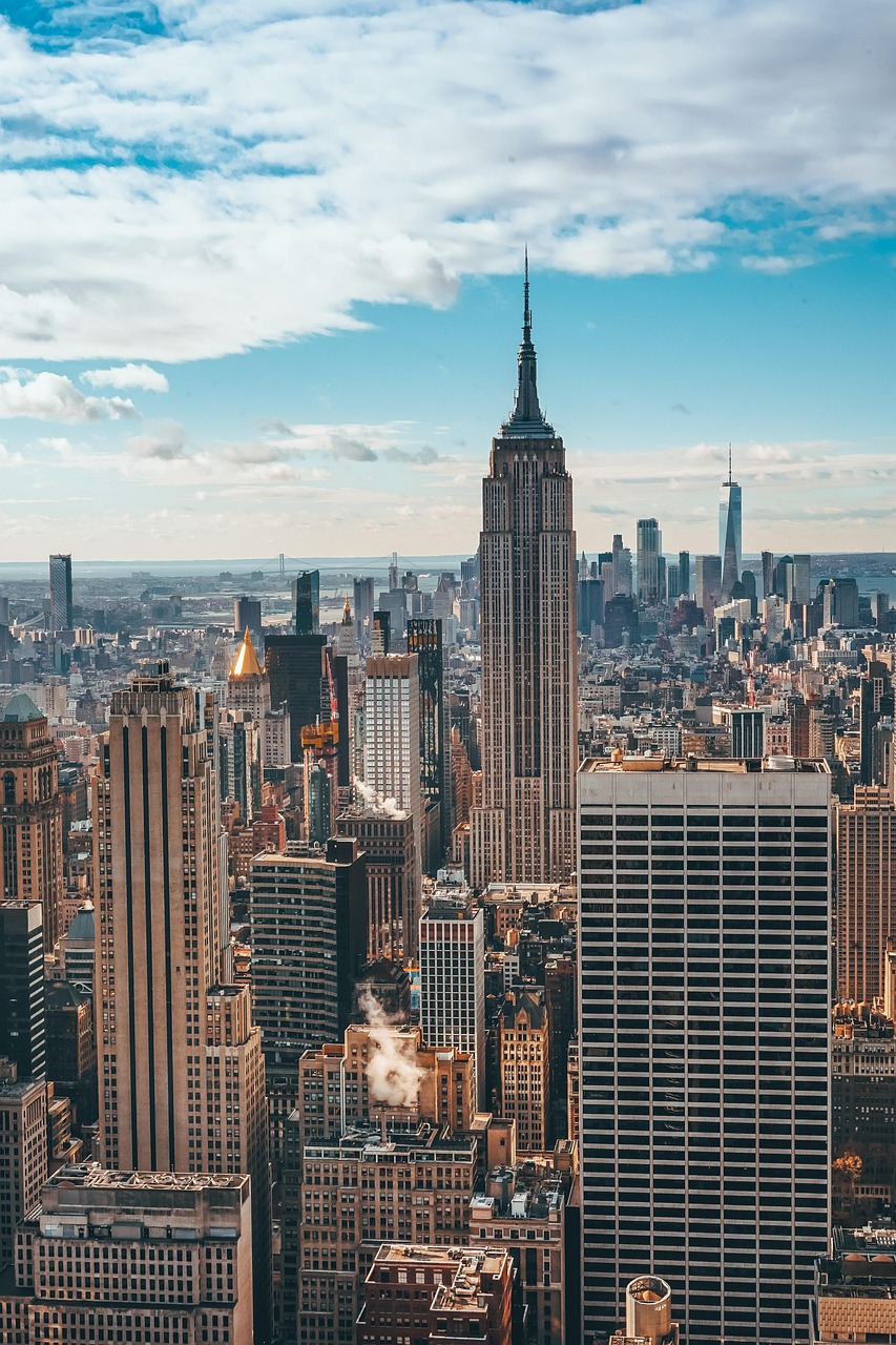Empire state building, new york city, city, skyline, cityscape, skyscrapers, buildings, office buildings, tower, landmark, downtown, urban, manhattan, nyc, new york, usa, america, aerial view, empire