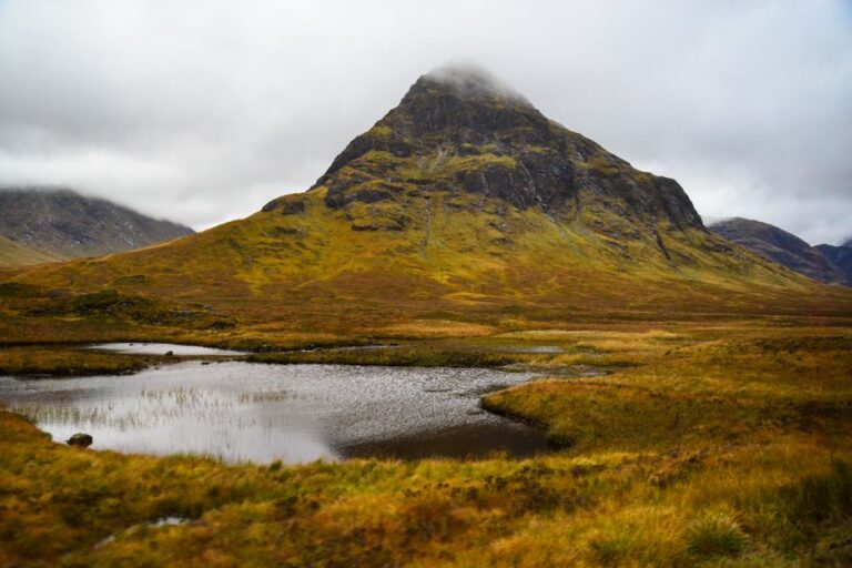 Breathtaking view of a mountain in Glen Coe, Scotland during an autumn day.