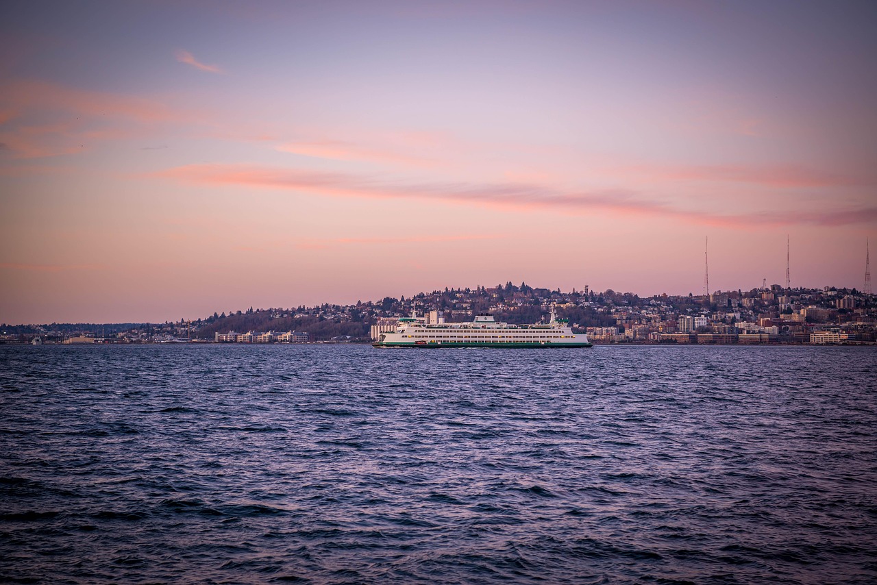 Seattle, nature, bay, sunset, dusk, ship, city, skyline, coast, sea, water, sky, evening, washington, united states