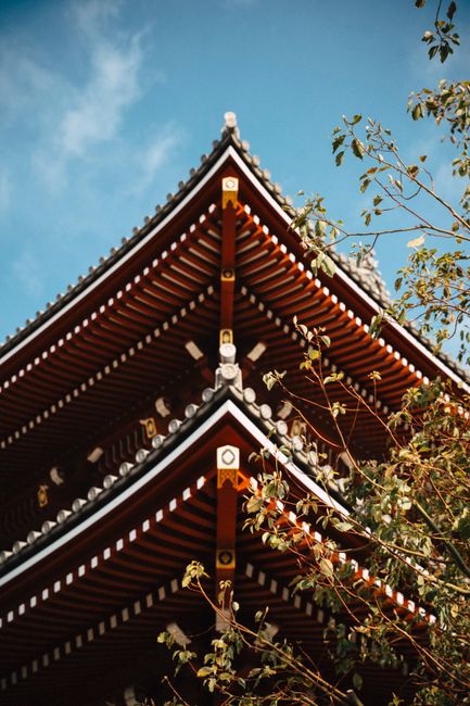 Close-up of Senso-ji Temple roof against a blue sky, Tokyo, Japan.