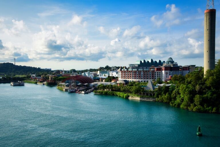 Beautiful view of Sentosa Island, Singapore under a clear blue sky.