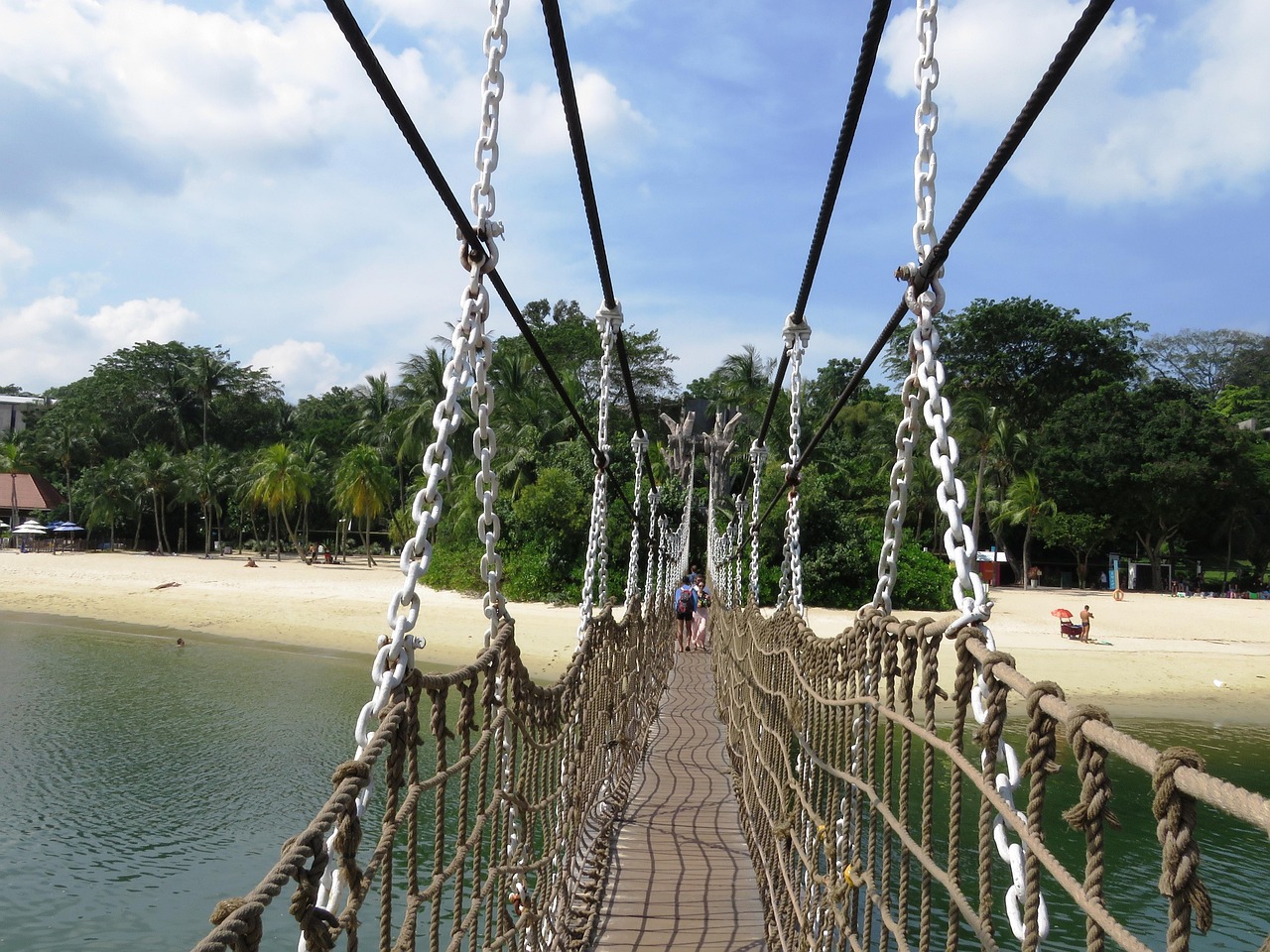 Sentosa beach, singapore, rope bridge, island, coast, sky, paradise, lagoon, tree, green, beach, sentosa, blue sky, water, landscape, palm, summer, clouds, tropical, quiet, clear, ocean, sea, sand, ho