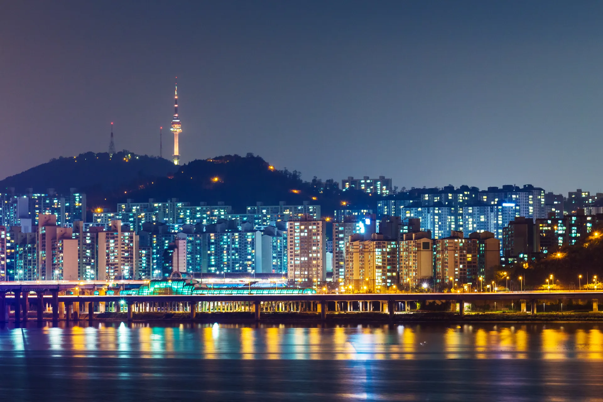 Seoul lit up at night with N Seoul Tower on Namsan above the Han River, South Korea