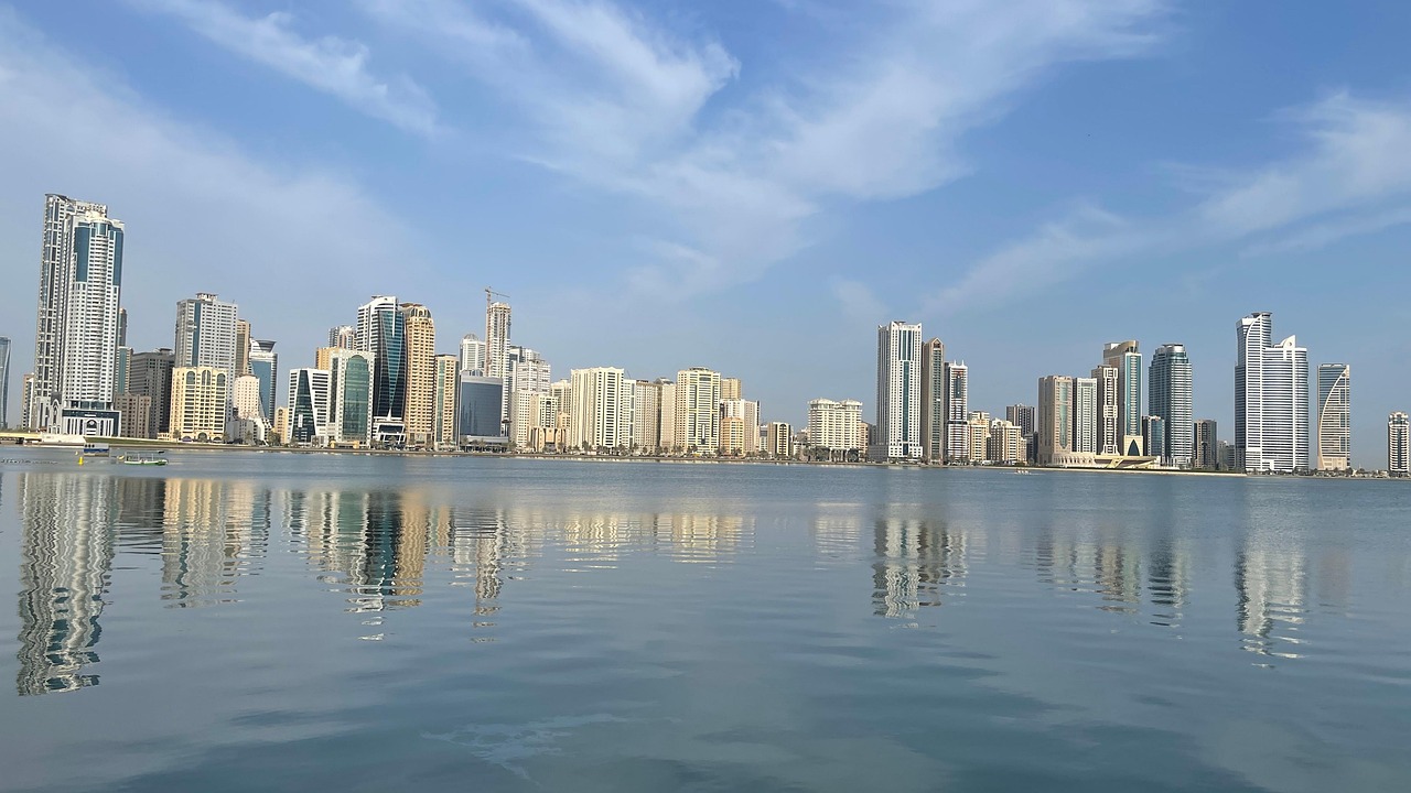 Sharjah, city, lake, cityscape, skyline, nature, buildings, skyscrapers, downtown, urban, water, reflection, united arab emirates