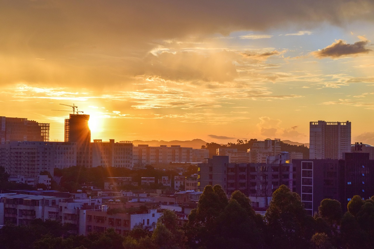 Sunrise, light, city, skyline, buildings, skyscrapers, sun, sunshine, sky, clouds, morning, nature, asaka, shenzhen, china