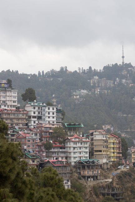 Cloudy day showcasing Shimla's iconic hillside architecture and lush greenery.
