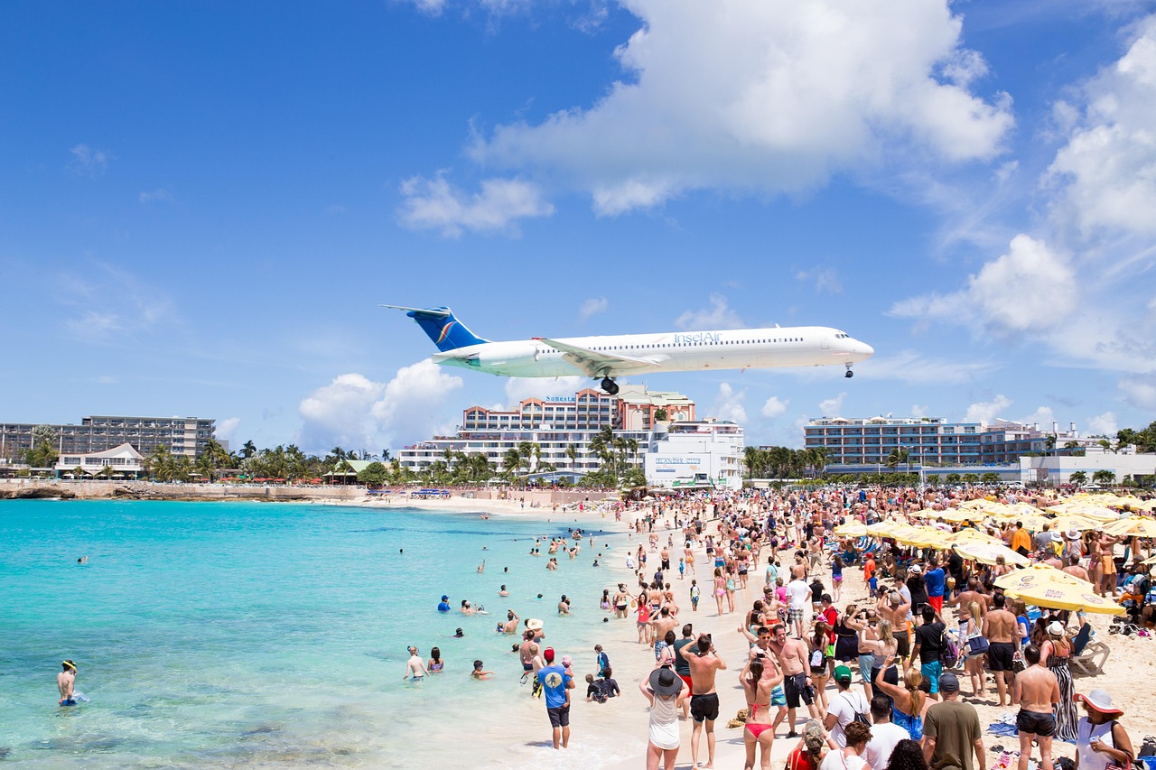 Airplane, nature, maho beach, saint martin, sint maarten, beach, maho, island, airport, landing, shore, caribbean, attraction, tourism, blue beach, blue plane, blue airplane, blue island