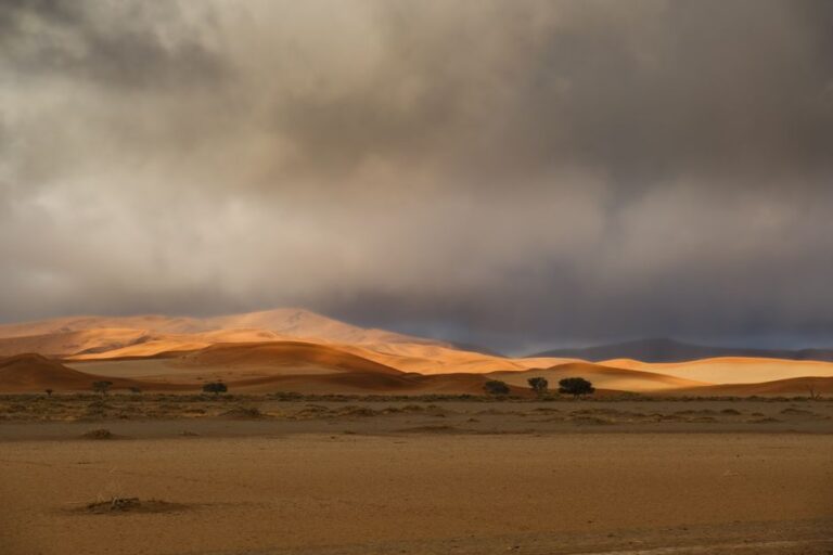 Stunning landscape of sand dunes under dramatic clouds in the Namib Desert, Namibia.
