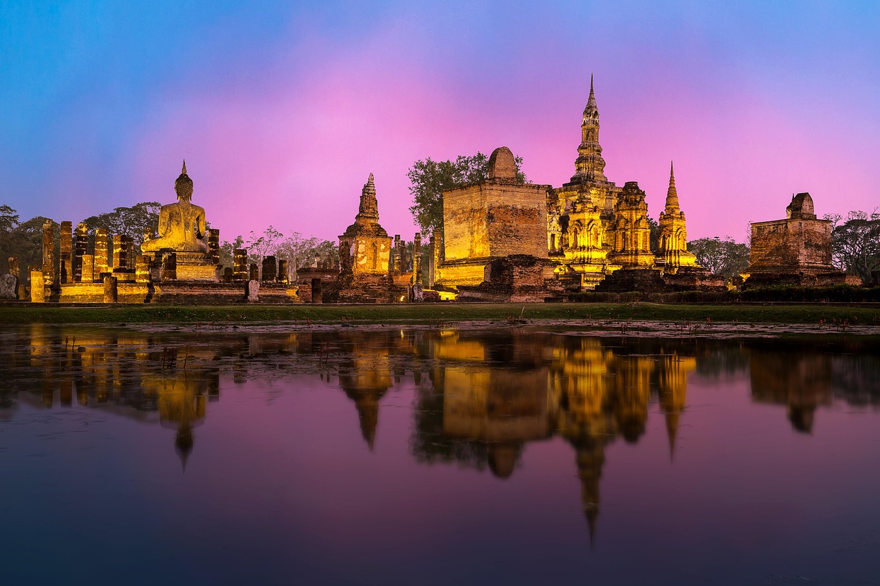 Phra nakhon si ayutthaya, lagoon, reflection, ayutthaya, water reflection, mirroring, illuminated, sunset, dusk, twilight, buddha, ancient, architecture, art, asia, thailand, buddha purnima, nature, p