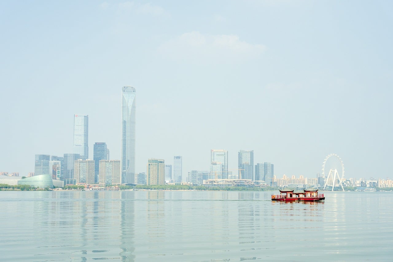 China, asia, suzhou, to travel, city, building, urban, architecture, panorama, facade, skyline, skyscraper, horizon, property, modern, nature, cityscape, vacations, water, flow, sea, tourism, trip, bo